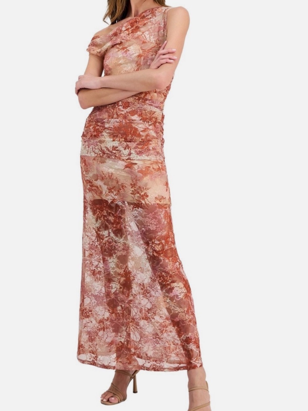 One-Shoulder Floral Maxi Dress in Burnt Peach